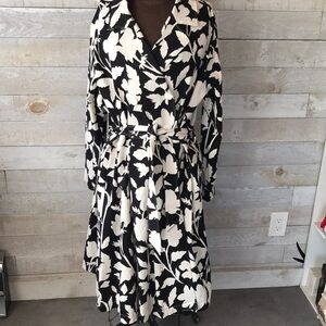 Elegant Black and White Floral Wrap A-line trench coat